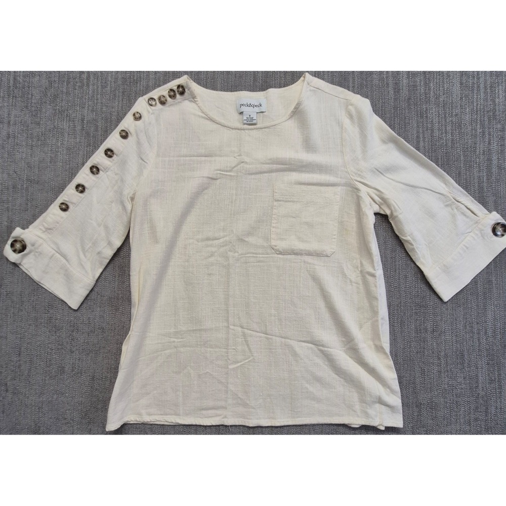 Peck &Peck women's ivory linen blend top LG button details 3/4 sleeves pocket